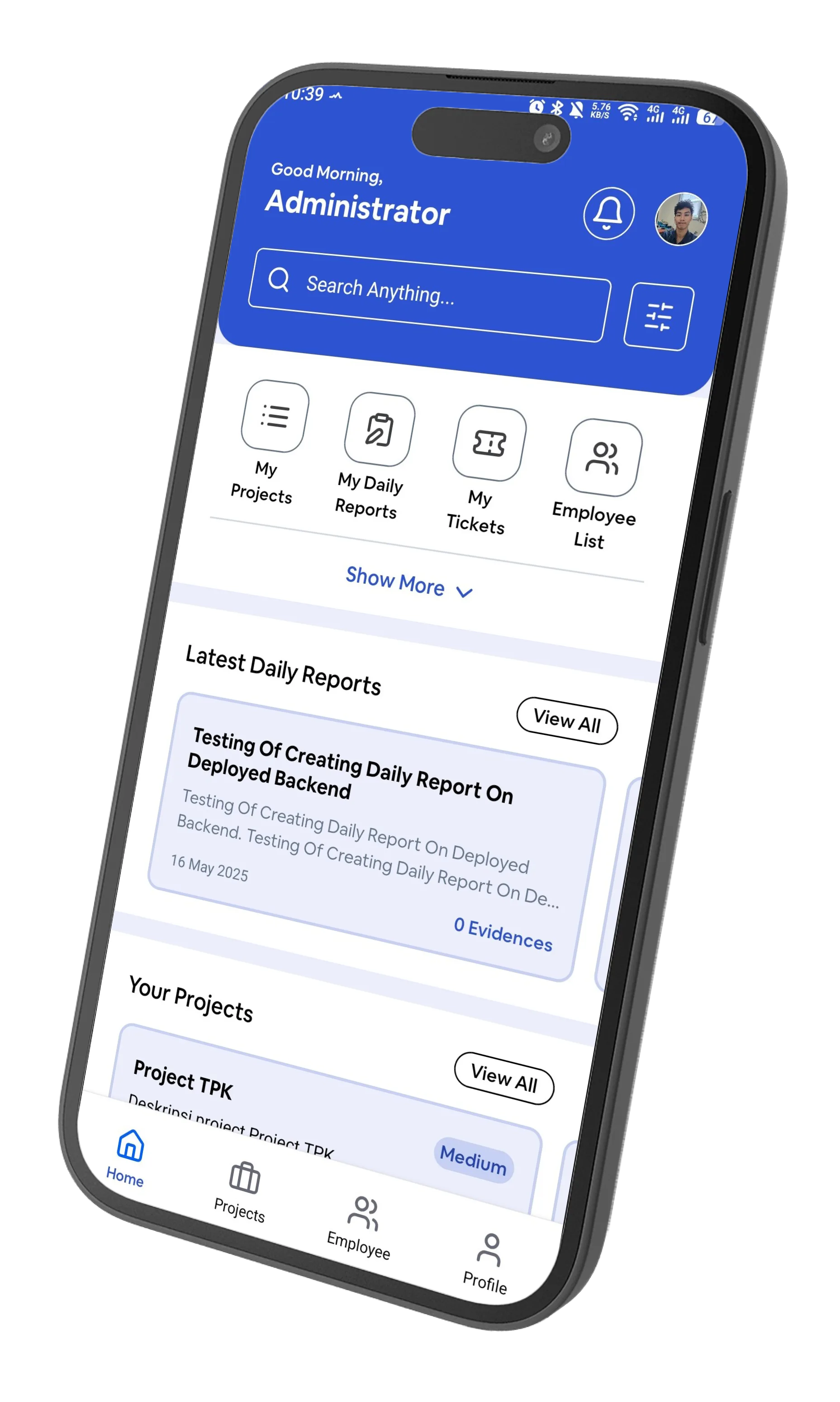 Mobile app: latest daily reports and projects for an administrator