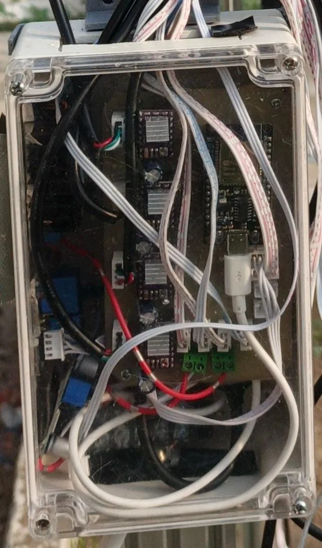 Inside the panel box: PCB, drivers, ESP32, relays and step-down converters